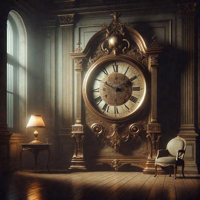 The primary subject of the image is a large, ornate clock mounted on a wall. The clock is the focal point of the scene, and it is situated in a room with a wooden floor. The setting appears to be a grand, old-fashioned room with a vintage atmosphere. The visual style of the image is a combination of photo and digital art, creating a realistic yet artistic representation of the clock and its surroundings. The colors and mood of the image are predominantly dark and moody